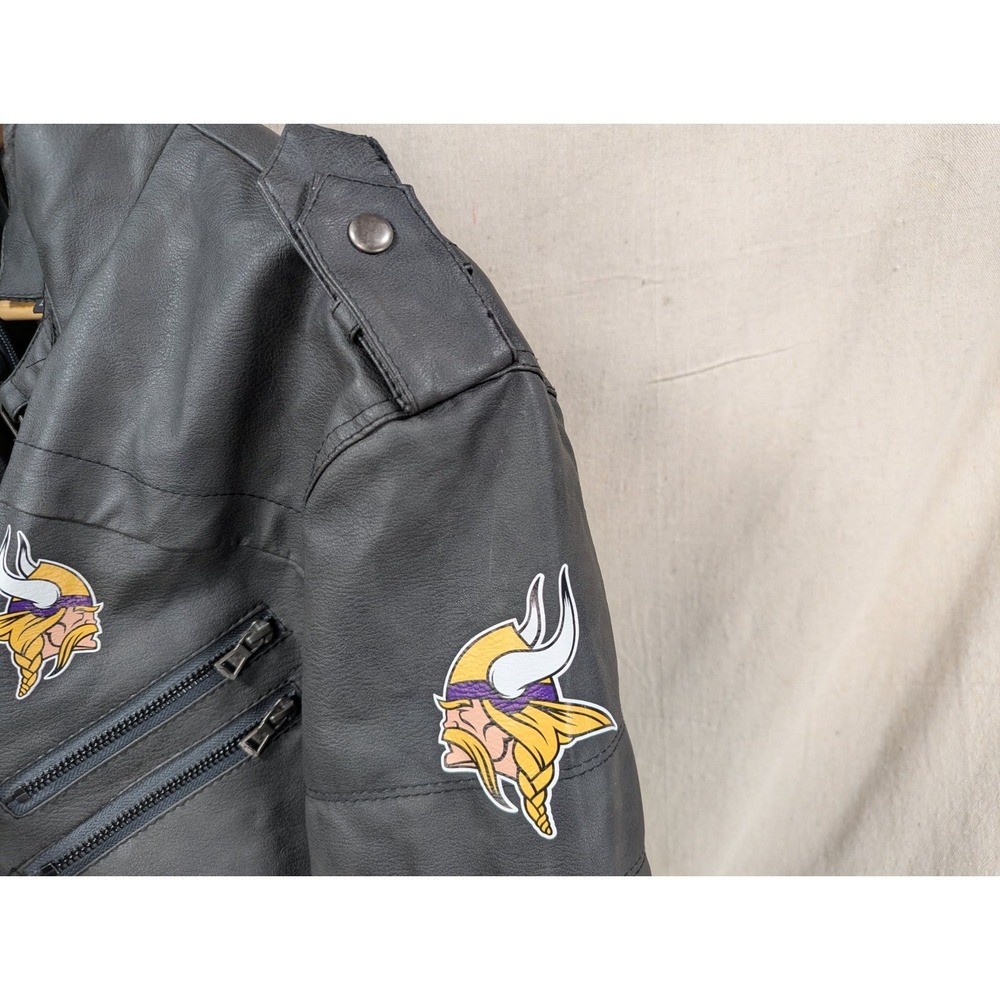 Minnesota Vikings NFL Faux Leather Moto Jacket Size Large Team Logos Zip Pockets - Picture 10 of 15